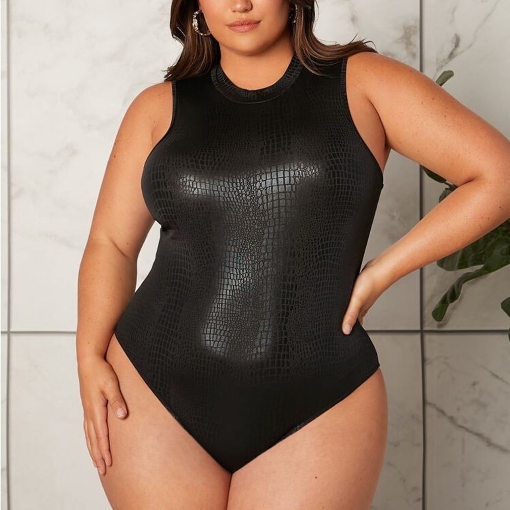 Crocodile Skin Embossed Luxurious Black Bodysuit Funnel Neck